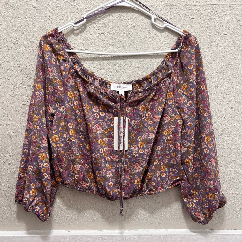 Pink Rose Grape Floral Off Shoulder Extreme Crop Blouse Medium NWT